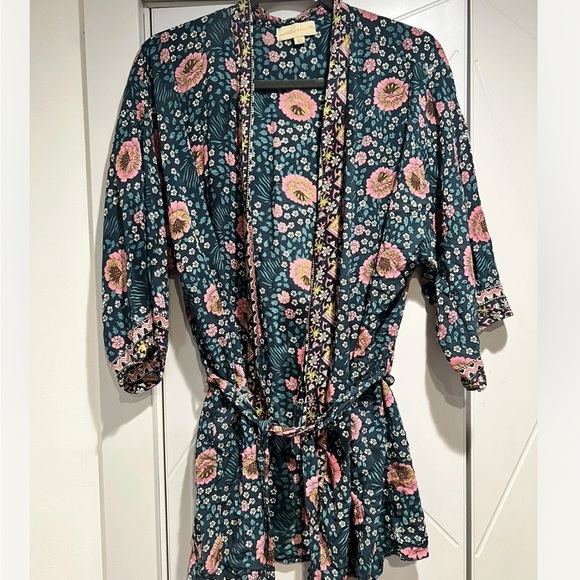NATALIE MARTIN Saylor BOHO Kimono Short Robe Blue Floral Beach Cover Up RARE! - Picture 2 of 4